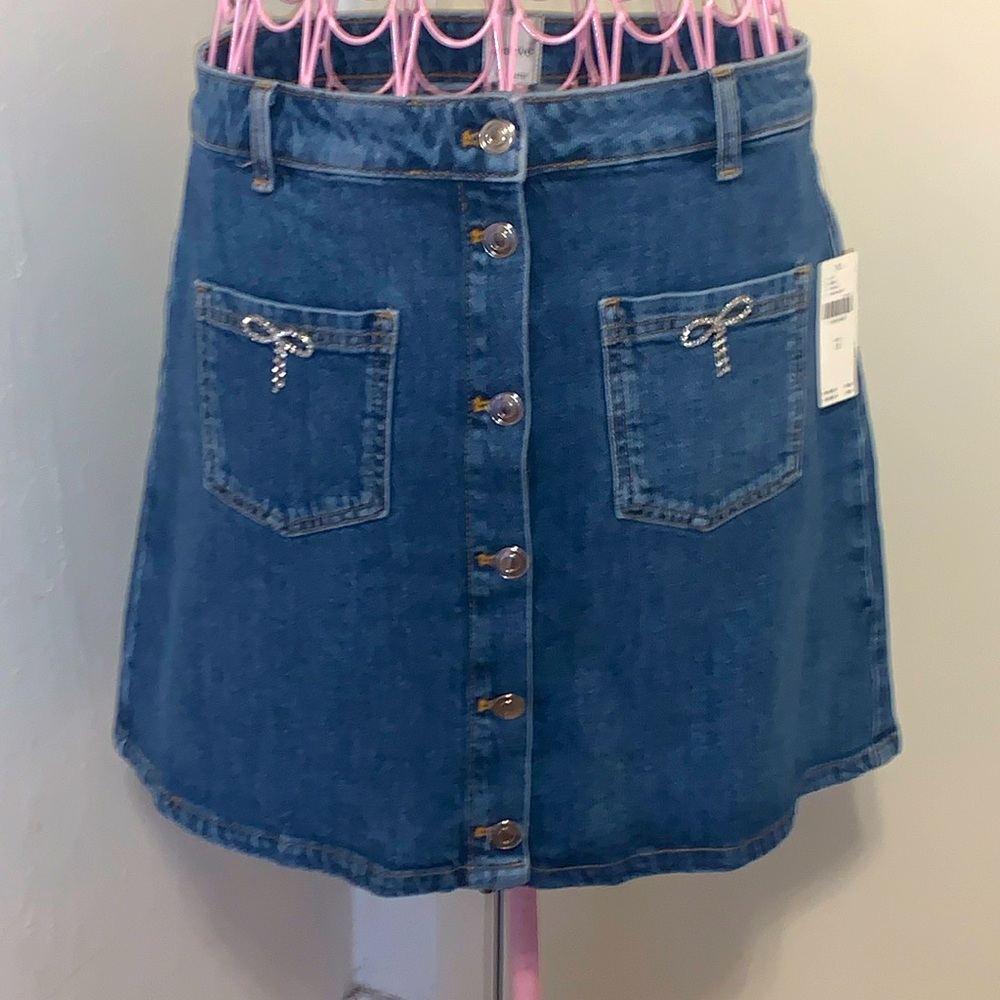 🎁NWT Maeve Mini Jean Rhinestone Bow Skirt- 12 Large